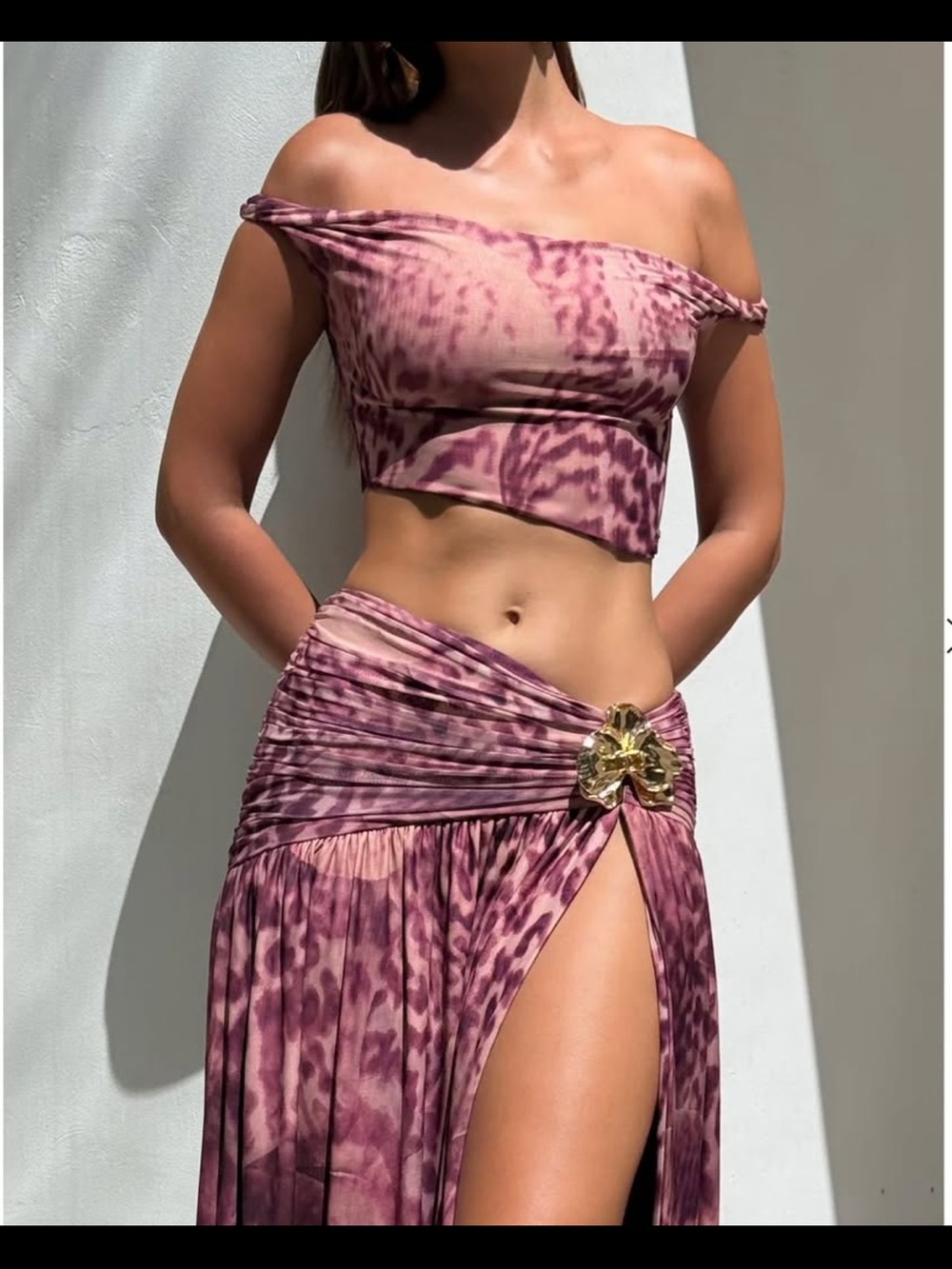 Off-Shoulder Pink Animal-Print Maxi Skirt Set with Gold Accent